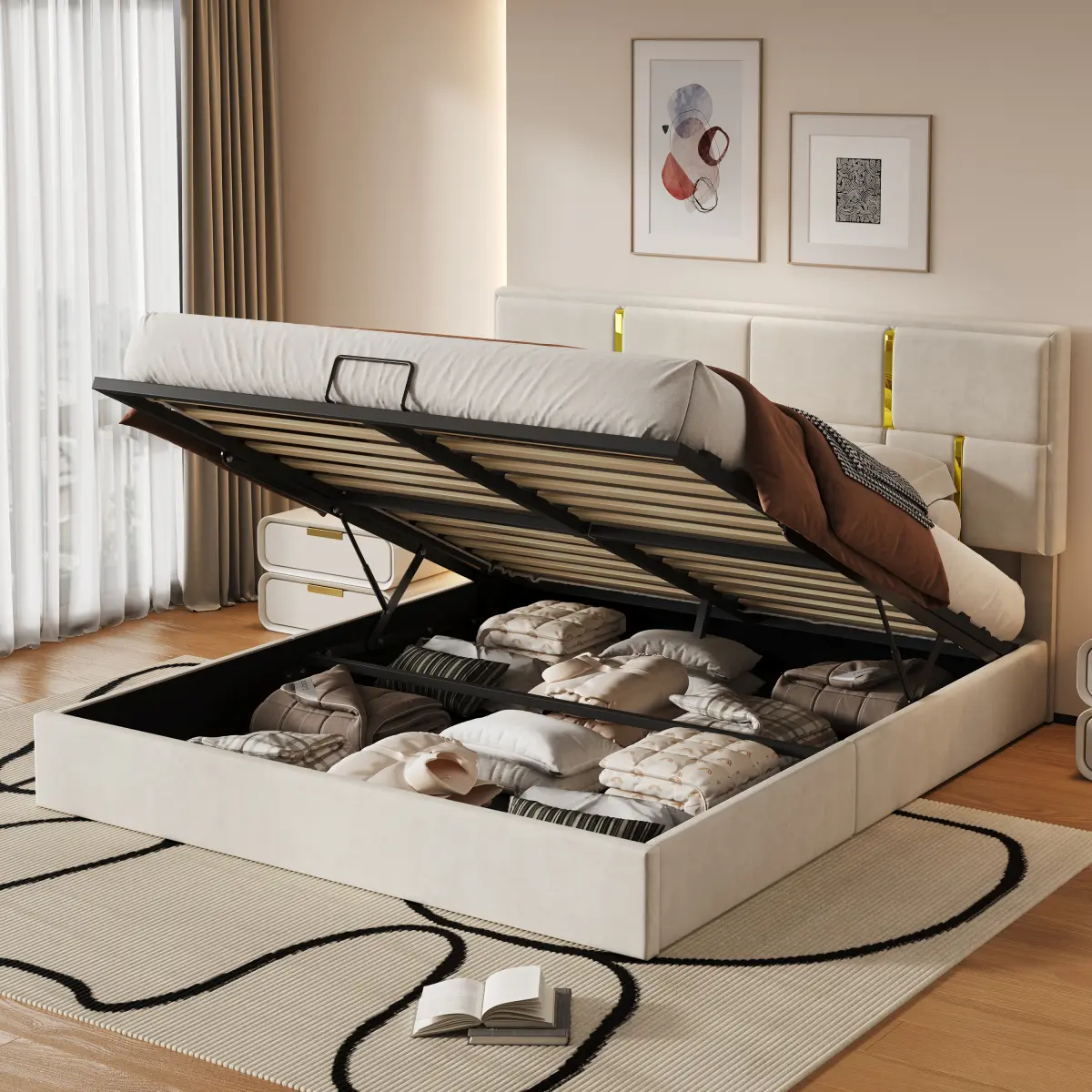 Queen Size Sturdy Platform Bed Frame, Upholstered Storage Bed with Hydraulic Lift, Velvet Fabric, Golden Decor, Upholstered Storage Headboard, Modern Bedroom Centerpiece, Sturdy Bed Frame