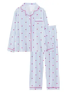 Teen Girls' Striped Heart Sleepwear Set, Fall Winter Long Sleeve Pajamas, Comfortable Casual Home Wear, Fitted Pants, Party