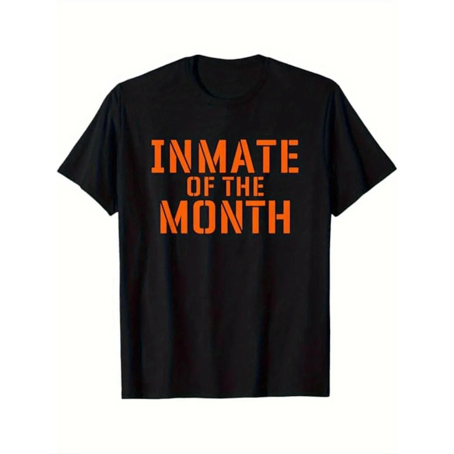 Inmate of The Month Punny Prison Jail Halloween Costume Cotton T-shirt Black with Orange Text Short Sleeve Regular Fit Sizes S to XXXL Ideal Gift for Men Women Dad Mom Friends Festive Graphic Tee Slight Stretch Fabric