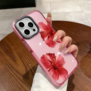 Phone Case for iPhone17 16 Plus 15 Pro Max 14 13 12 11 Hibiscus Blooms Pattern Non-Yellowing Shockproof Soft Silicone Transparent Cover