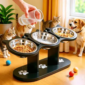 15° Tilted Pet Feeding Stand—the elevated design protects the cervical spine and prevents food spills. Comes with a height-adjustable food bowl rack and 3 stainless steel food bowls, suitable for all cats and dogs (Black)