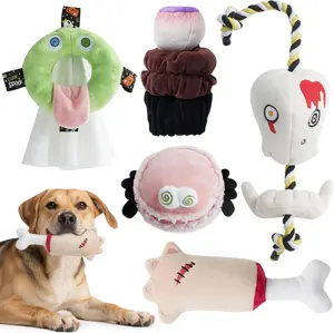 Fuzzwoof 5 Pack Halloween Spooky Cuisine Dog Squeaky Toy Set, Plush Ghost Snacks with Squeaker & Crinkle, Skull Rope Tug Interactive for All Dogs