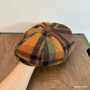 British Retro Contrasting Color Plaid Newsboy Hat Women Female Autumn Winter Warm Temperament Cap Woolen Octagonal Hat Men