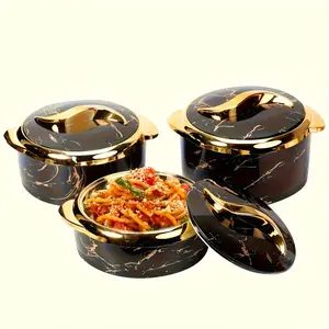 Three-piece set of golden food insulation cookware--stainless steel insulated casserole with lid, hot and cold buffet dishes, portable insulation kettle (household insulation kettle)