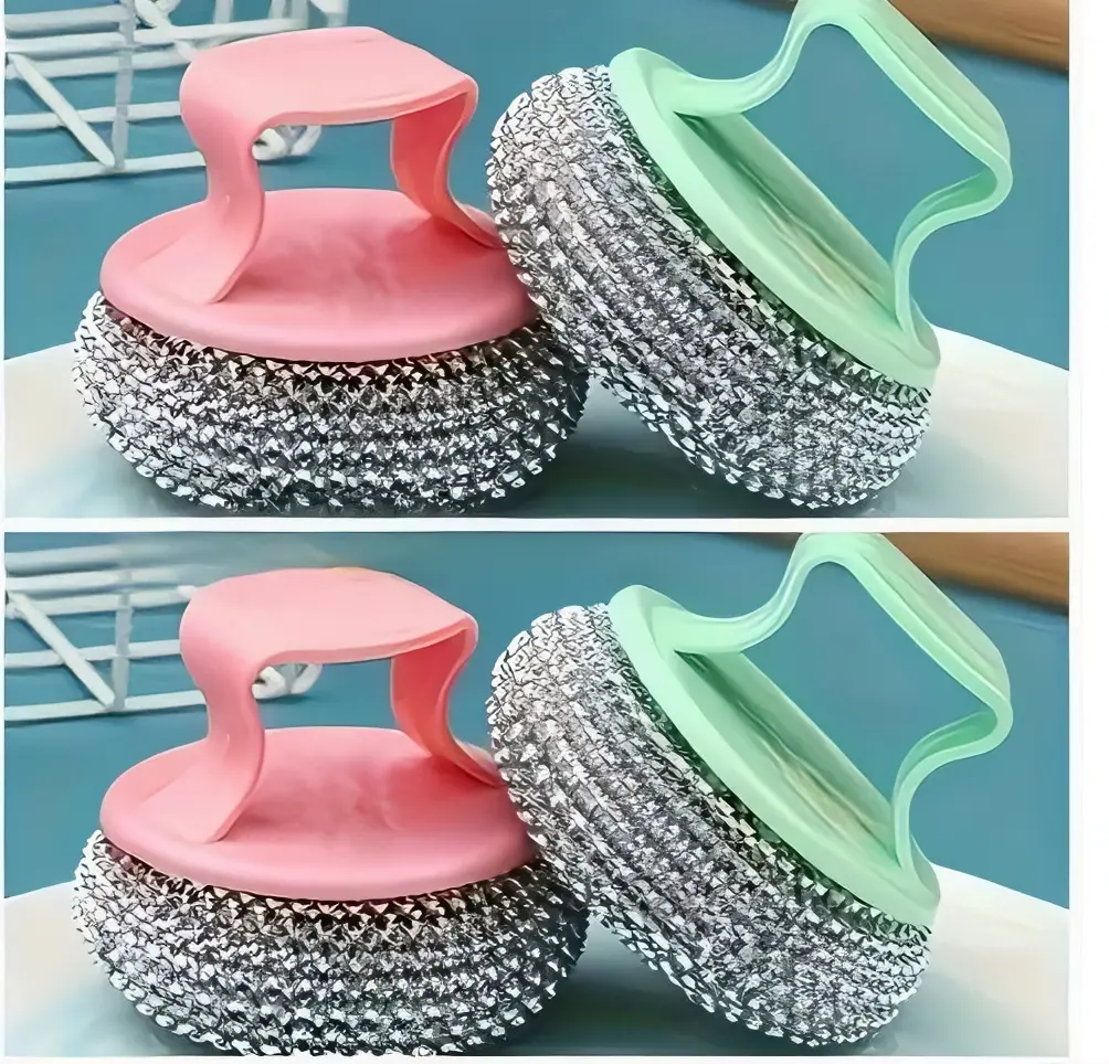 2pcs Stainless Steel Scrub Brushes, Detachable Nano Wire Cleaning Balls with Ergonomic Sponge Handles, Kitchen And Home Cleaning, Non-Scratch, No Residue, Long And Short Handles, Durable Degreasing, Random Color