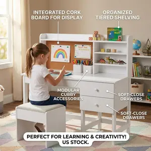 Garvee Adjustable Height Kids Desk and Chair Set – Tiltable Desktop Hutch Cork Board Storage Drawer Padded Stool – Perfect Study Table for Boys & Girls