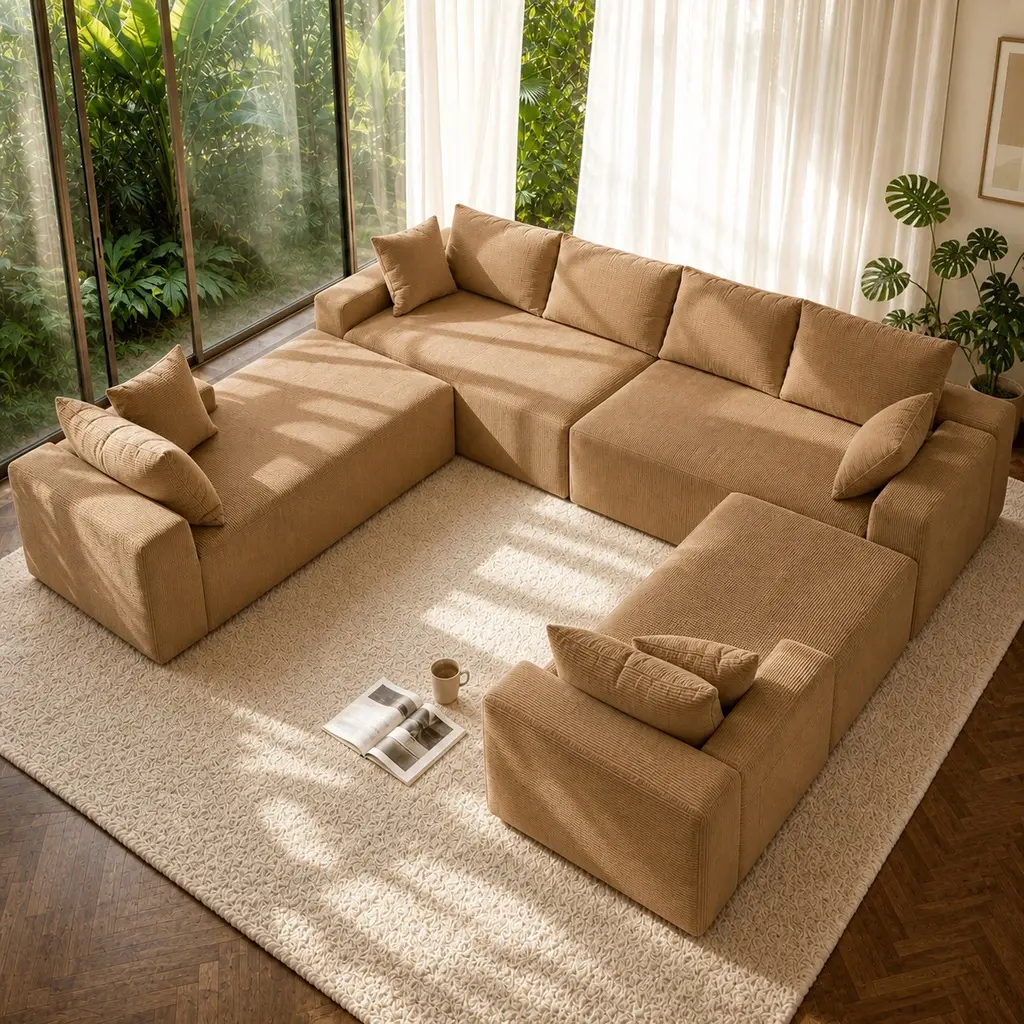 124.4" Cloud Sectional Sofa U-Shape Chaise with Side Pockets Cup Holder, Modern Modular Corduroy Couch, Deep Seating 6-Seat Living Room Furniture, No Assembly Required Camel, Camel Color Options, Corduroy/Foam+Spring Material