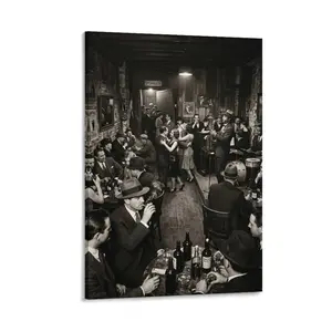 2D Flat, 1pc Frameless Canvas Art, Black & White Printed, 1920s Speakeasy Scene (Jazz Band, Dancing Couples), Vintage Retro Wall Decor for Bar, Home, Living Room, Office