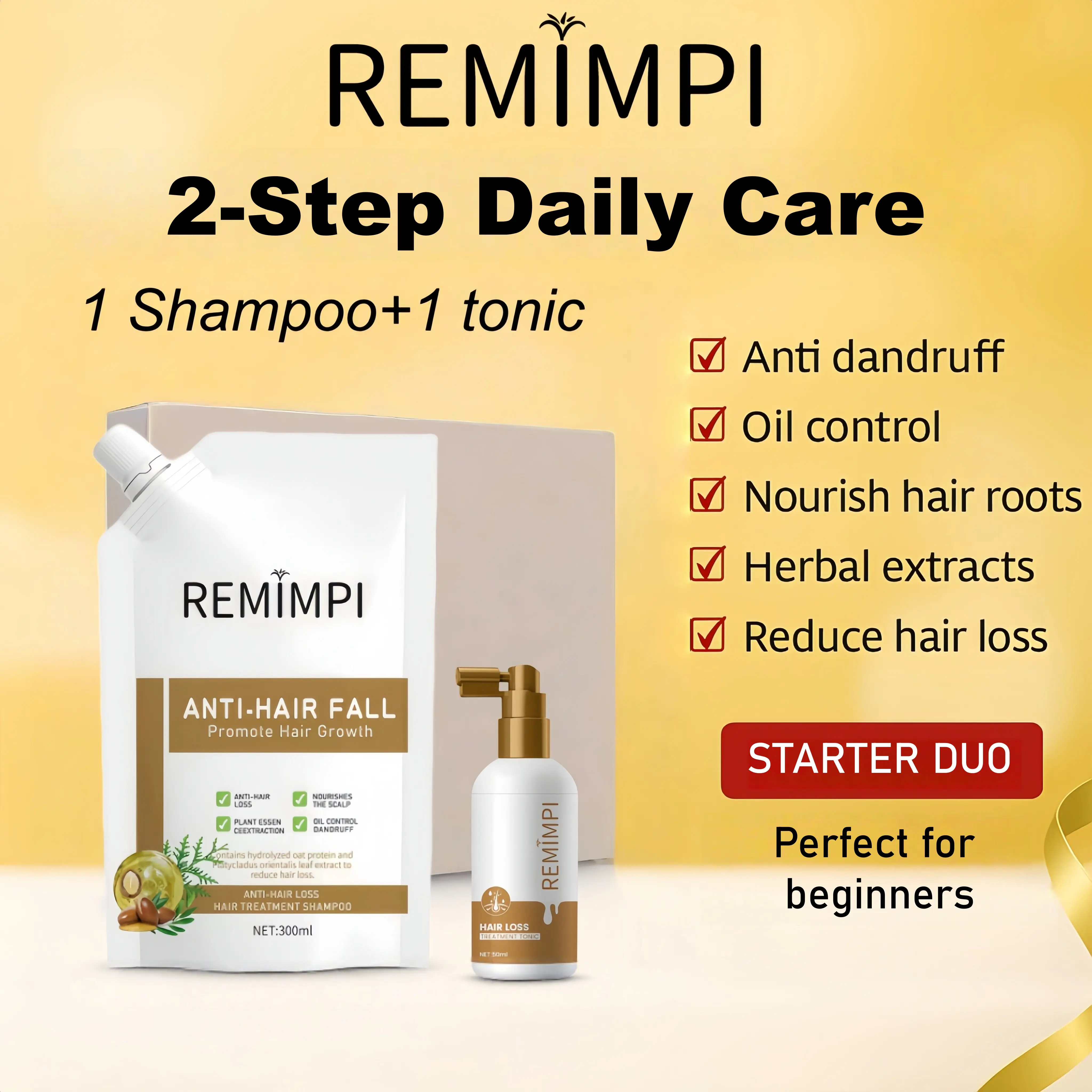 REMIMPI Anti Hair Loss Starter Set – 2-Step Hair Growth Routine with Shampoo & Tonic | Herbal Formula for Thinning Hair, Root Strength & Scalp Balance (300ml + 50ml)