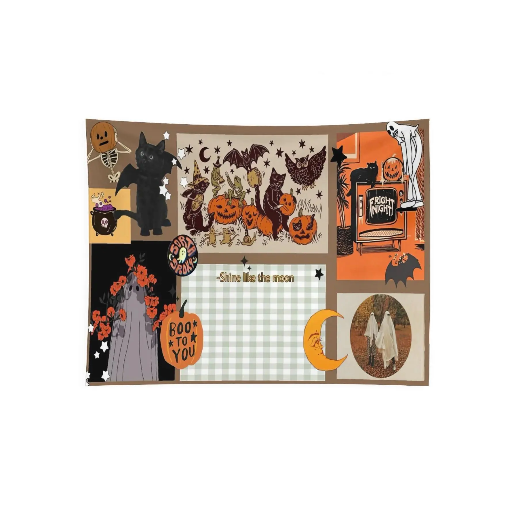 Retro Halloween Collage Wall Tapestry, Black Cat Ghost Pumpkin Fright Night Spooky Season Aesthetic Room Decor