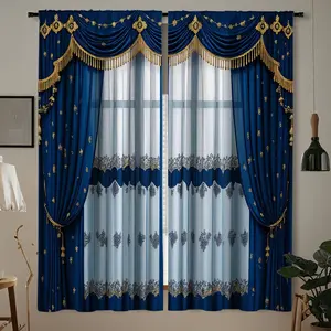 2pc Royal Blue and Fringe Decor European Palace Style Curtains, Luxury Fabric Vertical Layered Light Blocking Privacy Curtains, Home Decoration Curtain for Living Room and Banquet Hall Atmosphere Decor