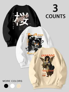 Men's Sculpted Letter Print Long Sleeve Crew Neck Pullover Sweatshirt Set, Soft Loose Fit Casual Fashion for Fall & Winter Daily Wear
