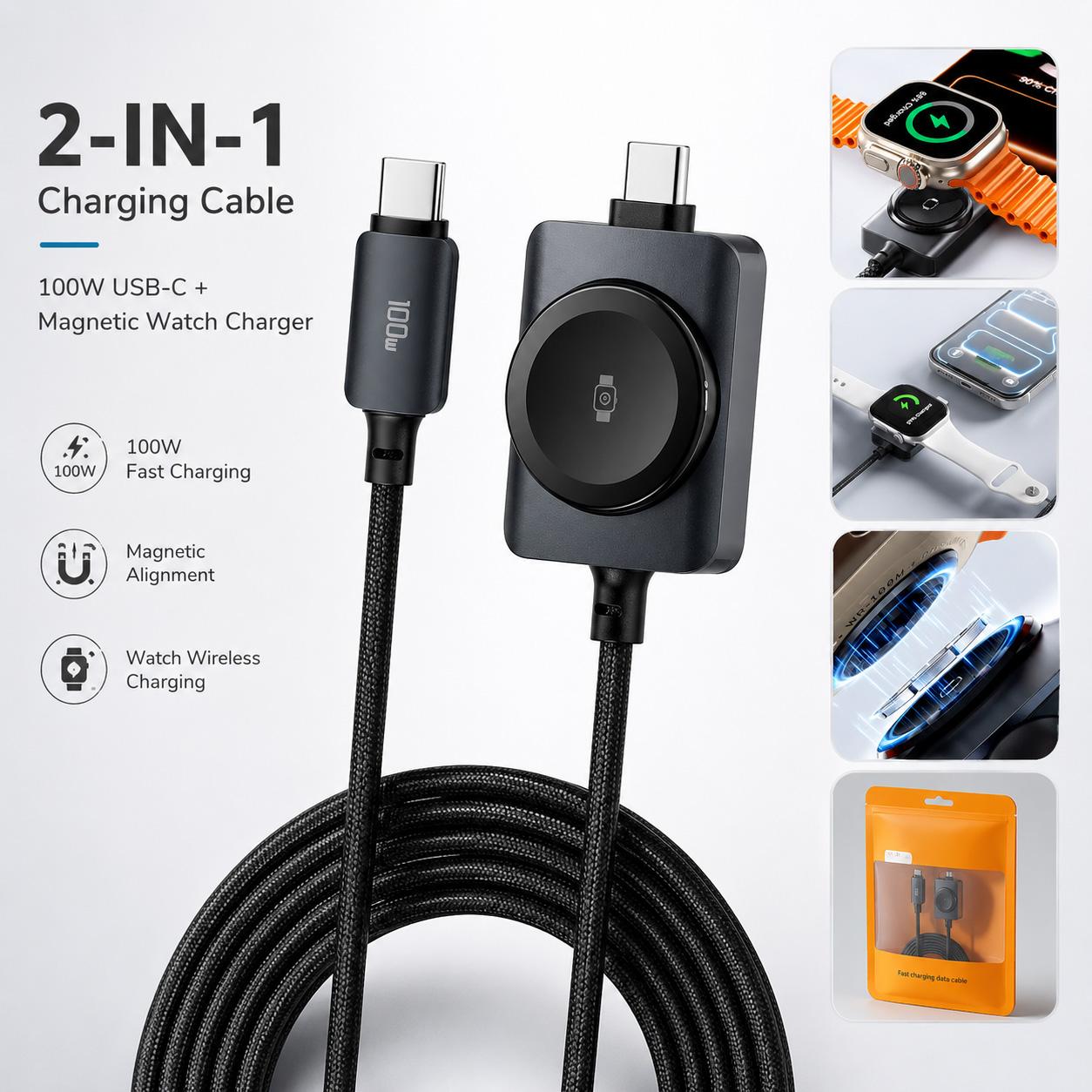 2-in-1 Fast Charging Cable,with Magnetic Watch Charger,100W USB-C PD Fast Charging Braided Cable,5W Magnetic Smartwatch Charger,480Mbps Data Sync Cord Durable Braided Wire for All Device 2-in-1 Fast Charging Cable,with Magnetic Watch Charger,100W USB-C PD Fast Charging Braided Cable,5W Magnetic Smartwatch Charger,480Mbps Data Sync Cord Durable Braided Wire for All Device