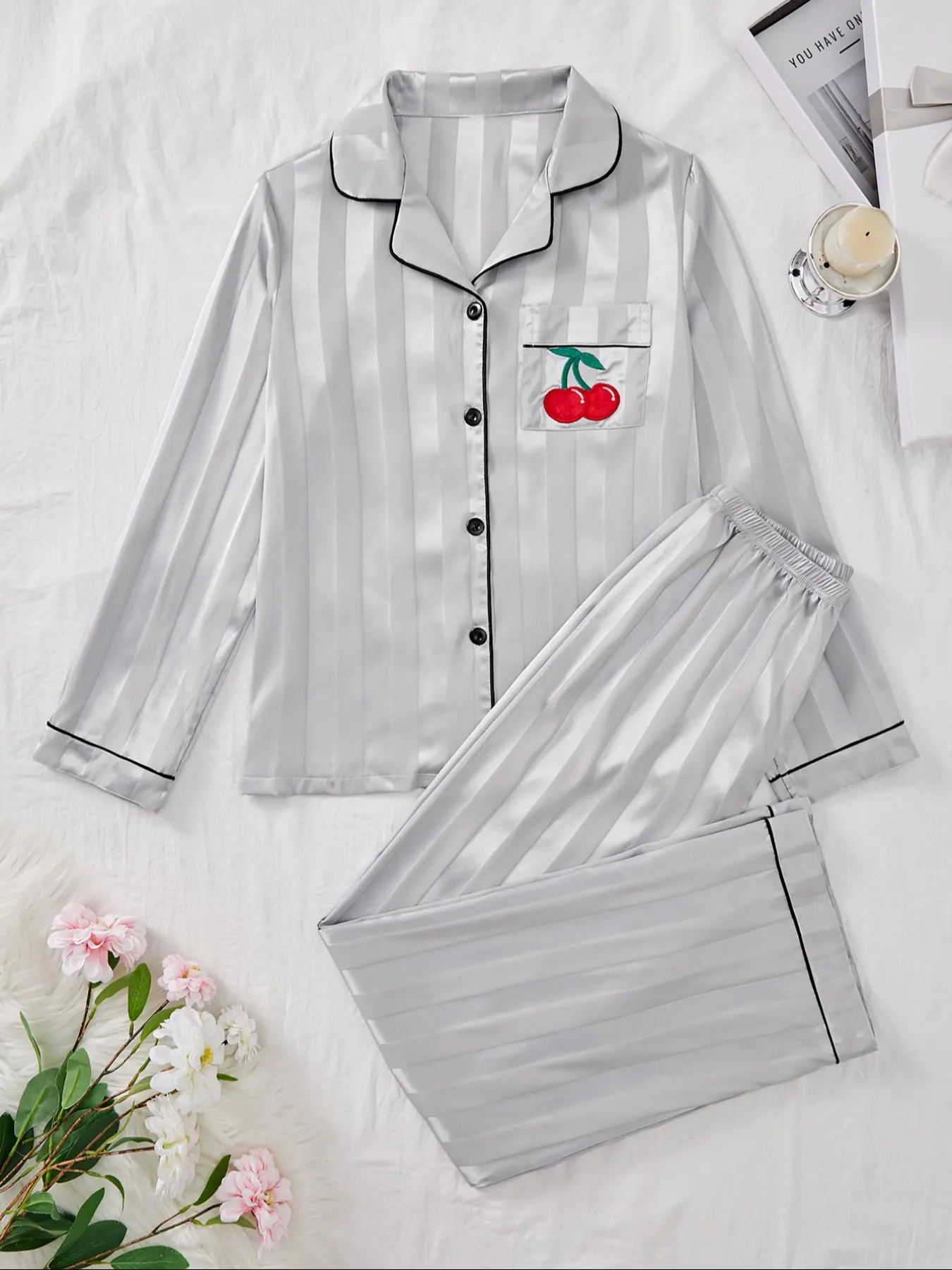 Women's Silver Striped Ice Silk Sleepwear Set, Embroidered Cherry Pocket, Long Sleeve Pants, Home Clothing Two-Piece Set,mummy tummy outfits,plus size co ord set