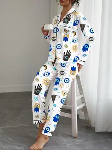 Women's Fall Winter Pajama Set, Eye Pattern Printed Shirt Collar Button Long Sleeve Top & Elastic Pants, Soft Stretchy Fabric