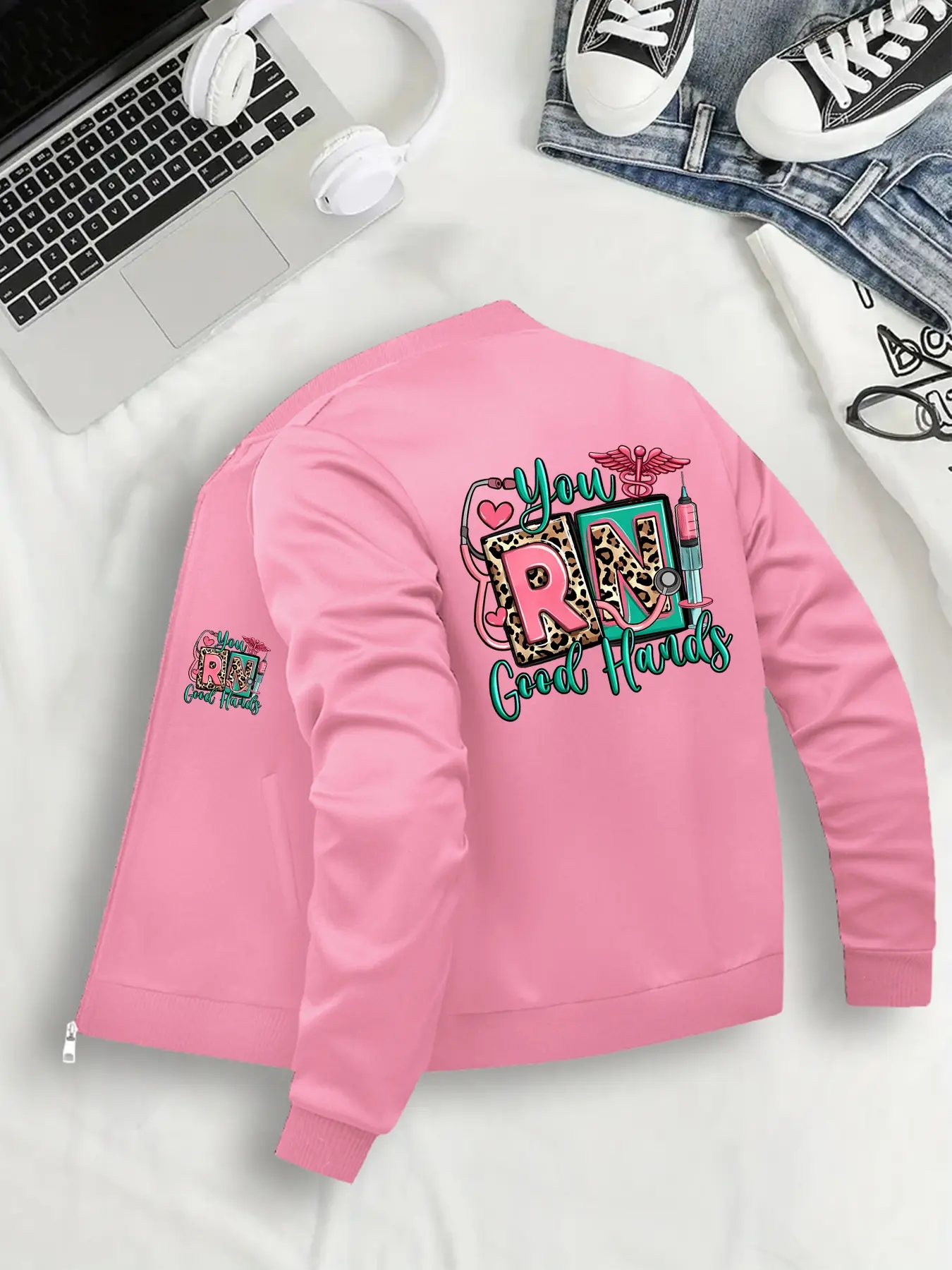 Women's Graphic Print Zipper Knit Bomber Jacket Coats, Casual Fitted Design, Lightweight Comfortable, All Seasons Wear, Sizes S-Xxl