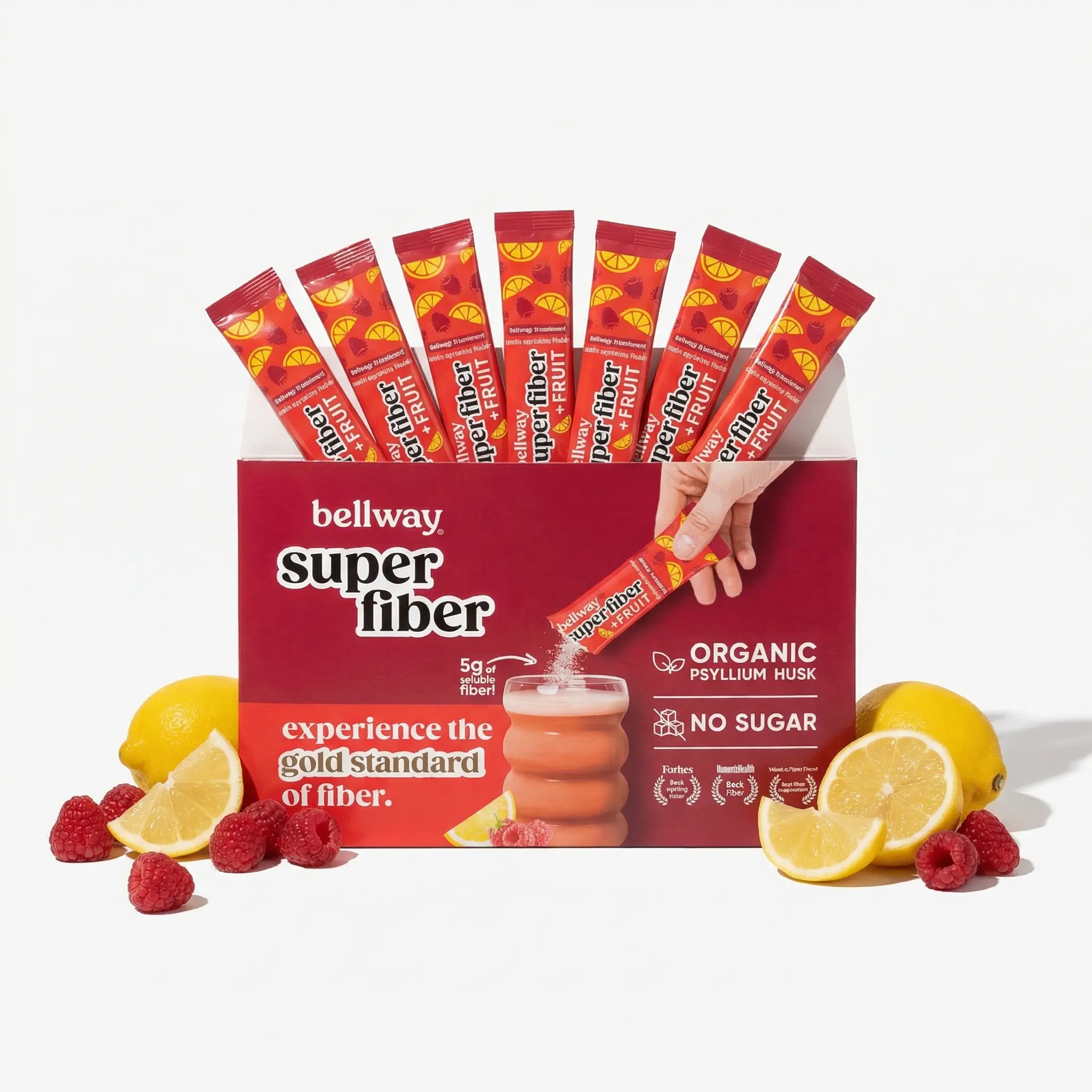 Bellway Super Fiber Packets + Fruit, Sugar Free Organic Psyllium Husk Powder Fiber Supplement to Go for Regularity, Bloating Relief & Digestive Health, Plant-Based, Raspberry Lemon (10 Packets)