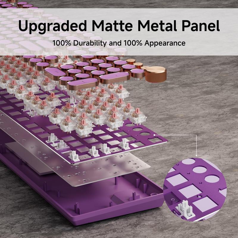 EWEADN Typewriter Style Mechanical Gaming Keyboard, Wired Mechanical Keyboards,104  Backlit LED Keyboards, Media Control Knob, Wired Computer Keyboard Pink  for Windows//PC-Purple