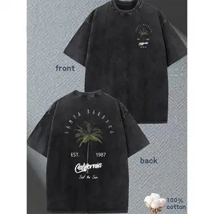 Young Man Summer Short Sleeved Washed Vintage Pure Cotton Tee Comfortable Breathable Casual Round Neck T-shirt Simple Coconut Tree Pattern Letter Print Tops