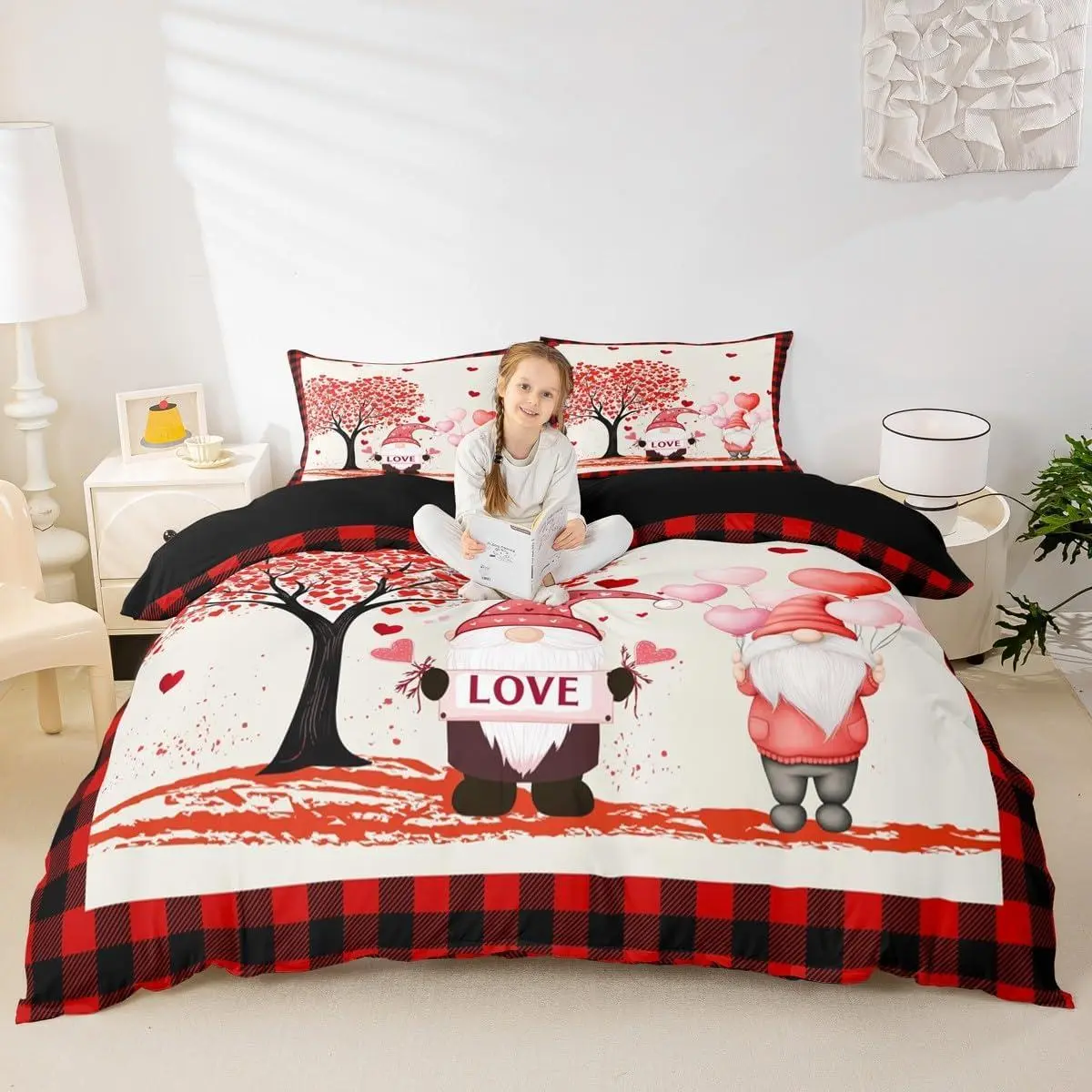 Romantic Bed Set,Valentines Day Duvet Cover Cute Heart Tree Bedding Set,Black and Red Plaid Comforter Cover Cute Valentines Gnome Bed Cover Rustic Farmhouse Anniversary Decor (No Comforter)
