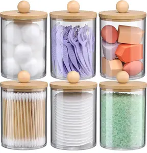 6 Pack Qtip Holder Dispenser Set with Bamboo & Lids, Bathroom Canister Accessories, Storage Organizer, Clear Plastic Apothecary Jar for Cotton Ball, Swab, Pads, Floss, Vanity Makeup Organiztion - 10oz