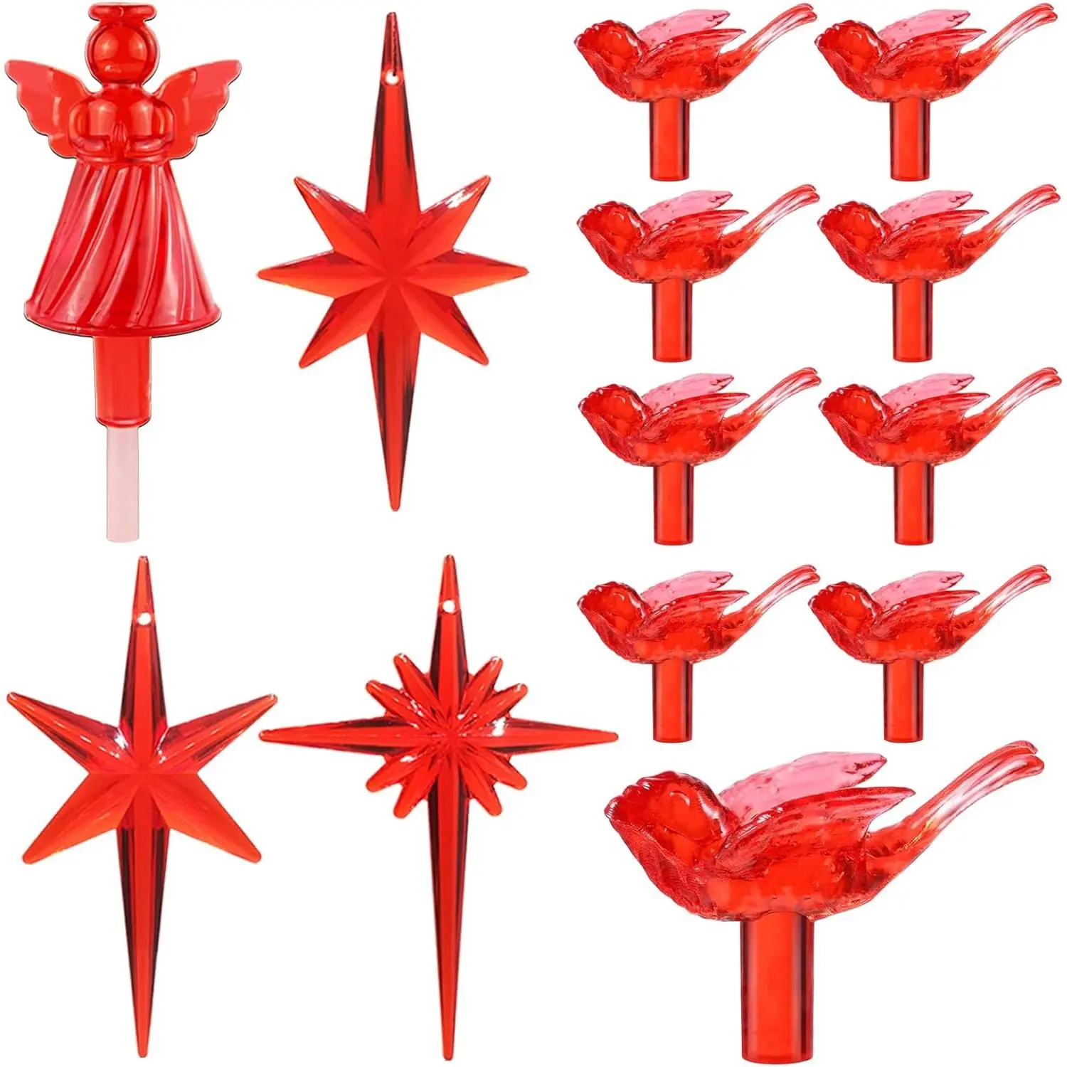 117-Piece Ceramic Christmas Tree Replacement Bulbs with Medium Plastic Pegs, 1 Angel-3 Star Toppers for Red Cardinal Bird Themed Decor