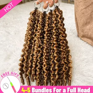 Bling Hair Honey Blonde Highlight Burmese Curly Feather Crochet Human Hair For Braids Pre-Separated Knotless Ombre 4/27 Miracle Knots Feather Human Hair
