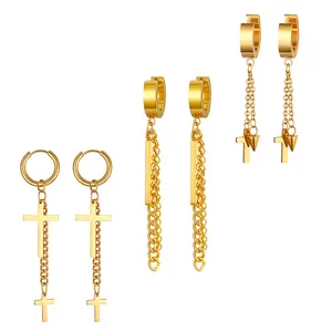 OIDEA Women's Stainless Steel Tassel Chain Double Cross Dangle Earrings, Long Drop Hoop Crossdesign Punk Statement Jewelry, Crossdesign Earrings, Punk Earrings