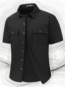 Men's Casual Slim-Fit Short Sleeve Shirt, Plain Design, Summer New Arrival, Loose Fit, Lapel Collar, Large Chest Pocket, Open Front
