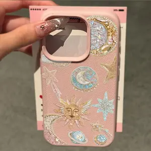 Rhinestone Star Moon Sun Pattern Leather Texture Phone Case, Shockproof Protective Smartphone Cover for iPhone Models, Stylish Mobile Accessory, Sun Motifs