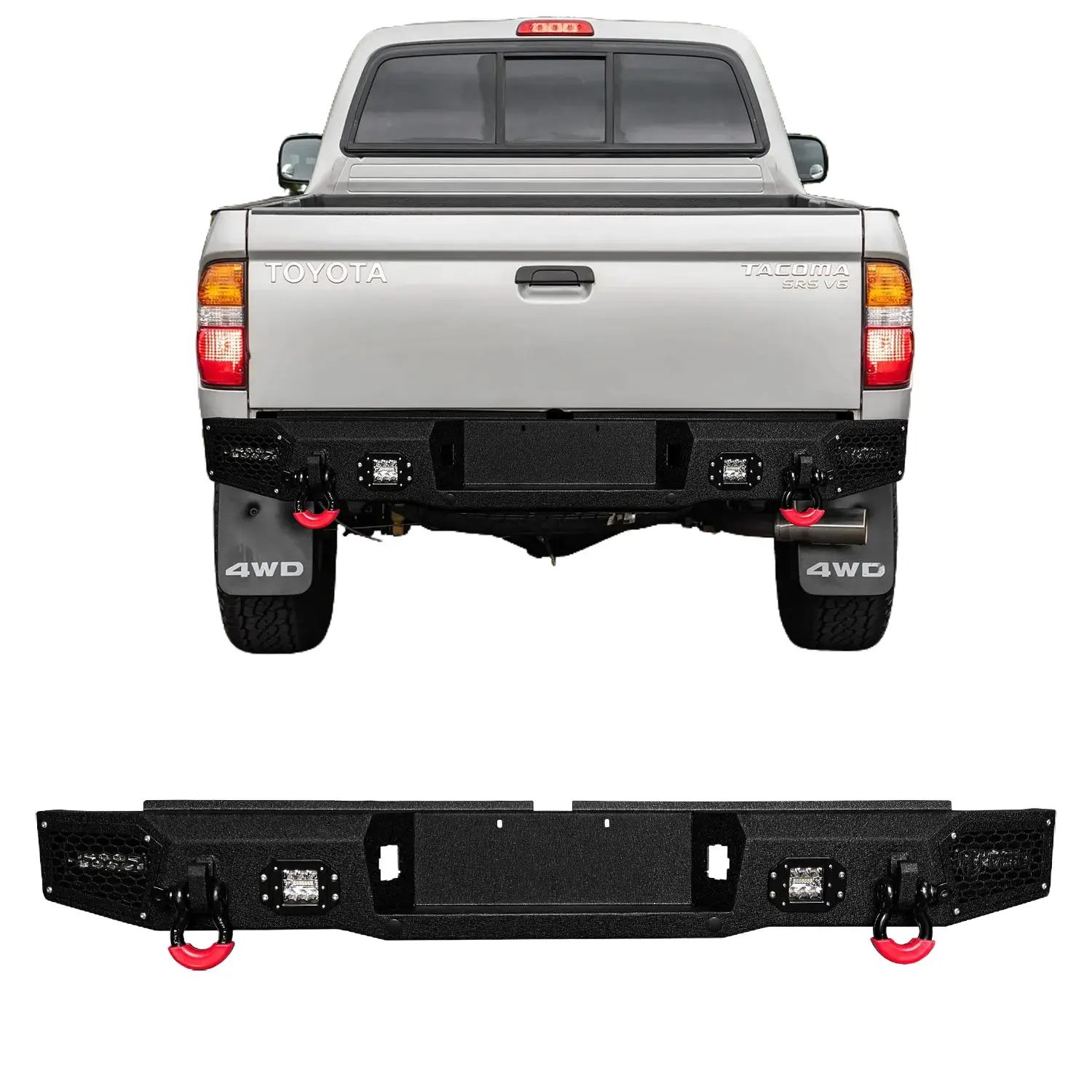 Vijay Black Textured Steel Rear Bumper for 1995-2004 Toyota Tacoma Truck, Automotive Accessory with LED Lights, 2 D-Rings, Square-Strip Design, Simple Screw Installation for Car/Vehicle Protection & Off-Road Use