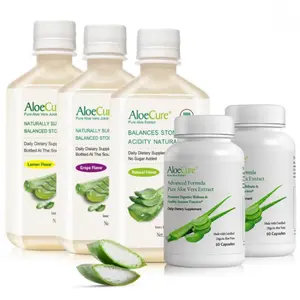 AloeCure Organic Aloe Vera Digestion Set - 5 Pack - Grape, Natural, Lemon Flavor Juice, 2pcsxAloe Vera Capsules 60caps