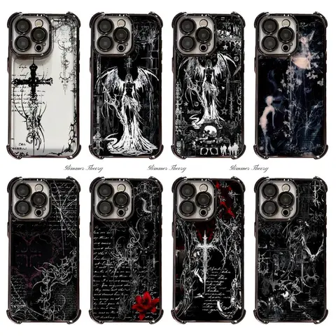 INS Artistic Gothic Cyber Sigilism Angel Cross Phone Cases For iPhone 18 Promax 17 16 15 14 13 12 11 Pro Plus Air Transparent Black TPU Shockproof Protective Cover Gift For Birthday Christmas Valentine Halloween