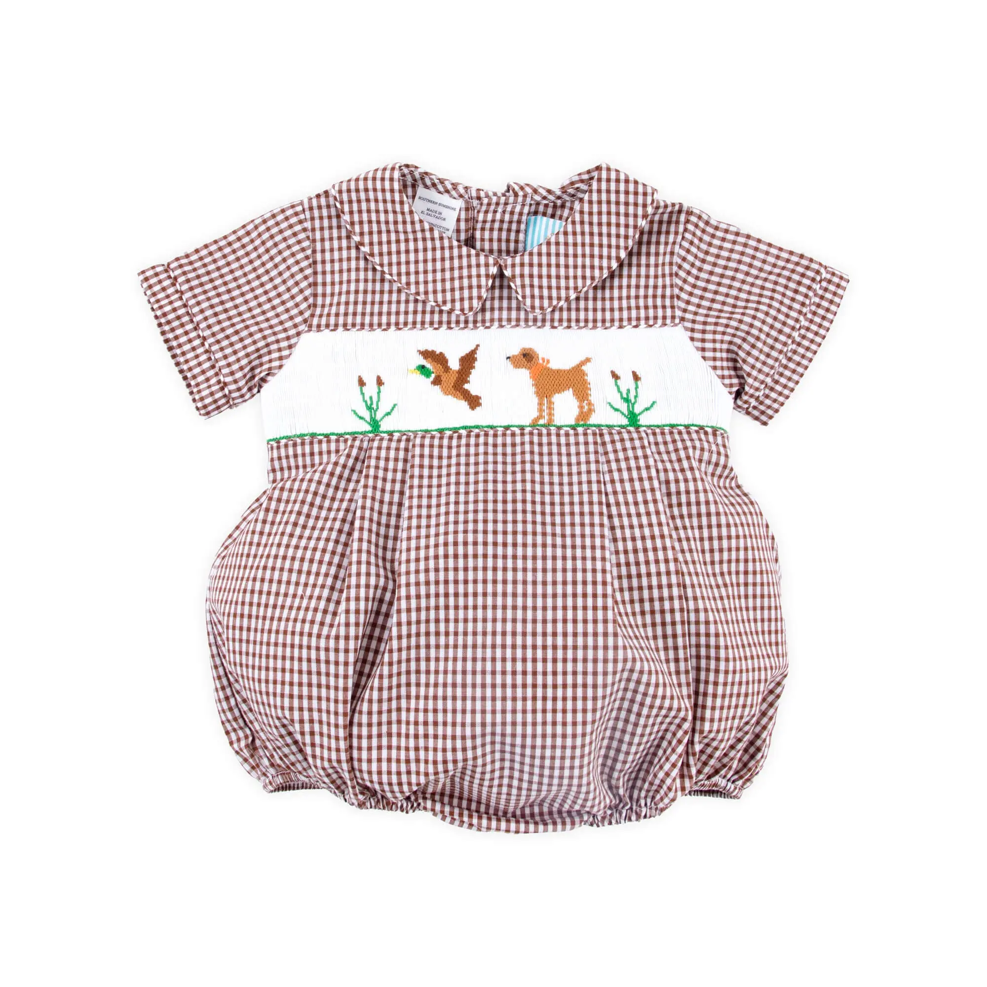 Mallard & Dog Smocked Brown Gingham Collared Bubble