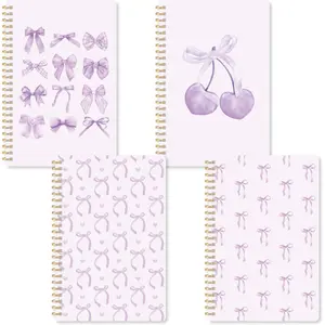 Spiral Journal Notebook - 4 count A5  Watercolor  Bow Cherry Lined Pages Hardcover Spiral Bound Journal Subject Notebook Work School Note Taking Women Men Removable Dividers