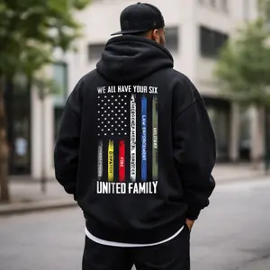 United Family Support Hoodie, Distressed Flag Unity Stripe Graphic Premium Cotton Blend, Unisex Fit for Community & Service Supporters, Meaningful Gift for Those Who Value Brotherhood & Solidarity