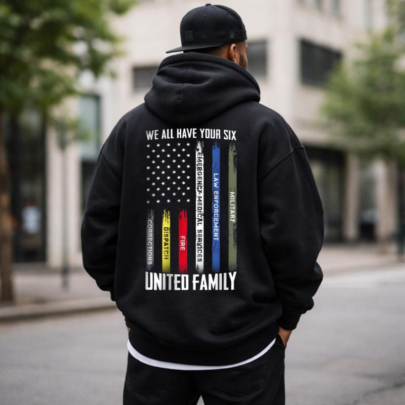 United Family Support Hoodie, Distressed Flag Unity Stripe Graphic Premium Cotton Blend, Unisex Fit for Community & Service Supporters, Meaningful Gift for Those Who Value Brotherhood & Solidarity