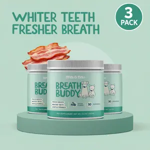 3 Pack of Dog & Cat Dental Powder - Food Topper for Fresh Breath & Clean Teeth - Gentle Formula for Sensitive Stomachs - Bacon Flavor Tartar Plaque Remover - Natural Oral Care for Dogs and Cats