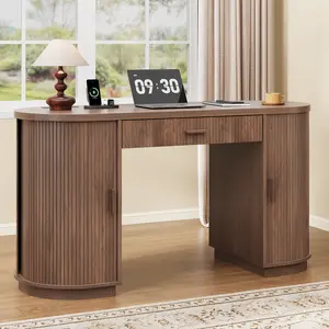 【CategorySelect】ONBRILL 58 Inch Fluted Executive Desk with Drawers, Large Computer Desk with Charging Station, Mid Century Modern Desk for Home Office, Living Room or Bedroom