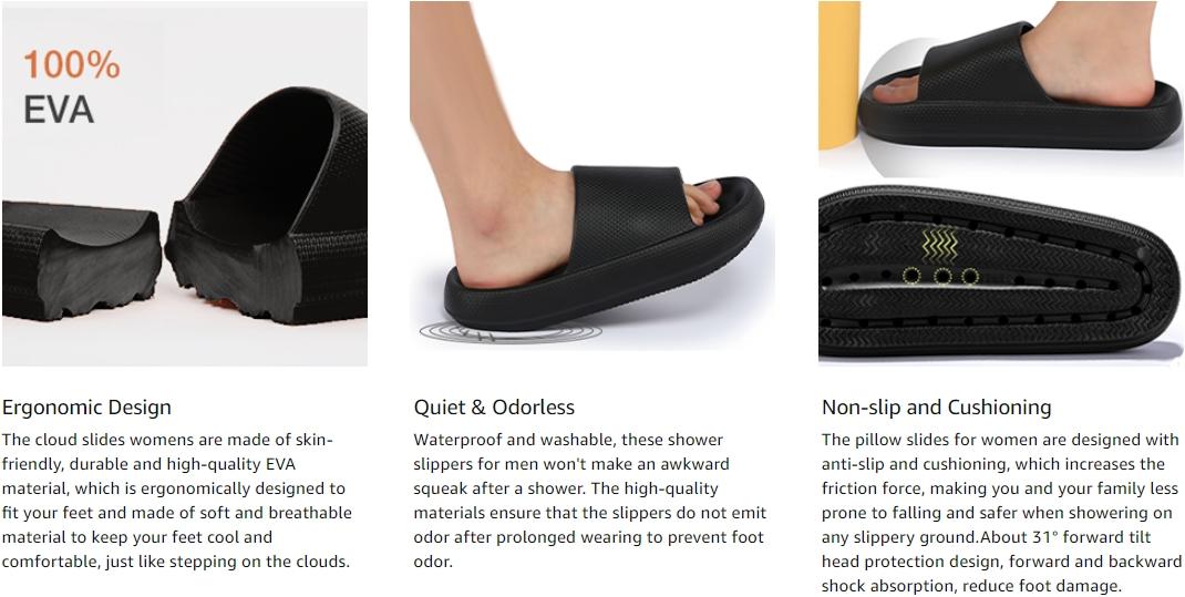Cloud Slippers for Women and Men, Super Soft with Anti-Skid Sole. These ultra-comfortable, thick sole slides are perfect for indoor and outdoor use, providing ultimate comfort, support, and slip resistance. Ideal for lounging, beach trips, and showers.