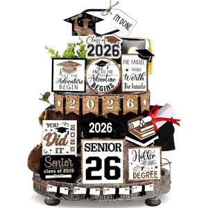 22 Pcs 2026 Graduation Tiered Tray Decor Sets Wooden Class of 2026 Table Decorations Senior 2026 Gown Diploma Farmhouse Signs for Home Shelf Party Office Desk Black White