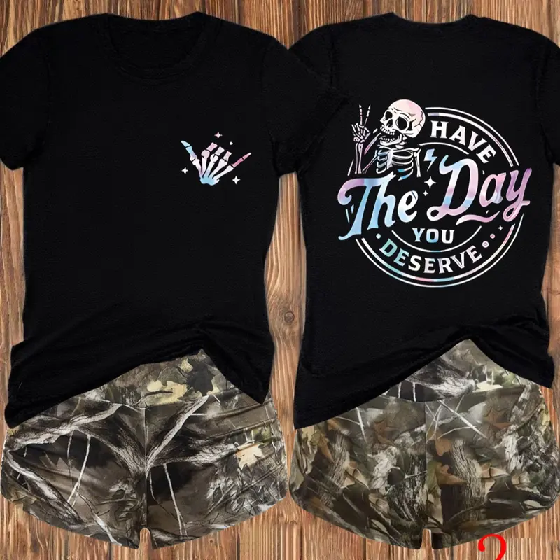 2-Piece Women's Casual T-Shirt Set, Summer Fashion Skeleton Graphic Print, Loose-Fitting Short Sleeve Top for Daily Wear, Outfit, Graphic Tees