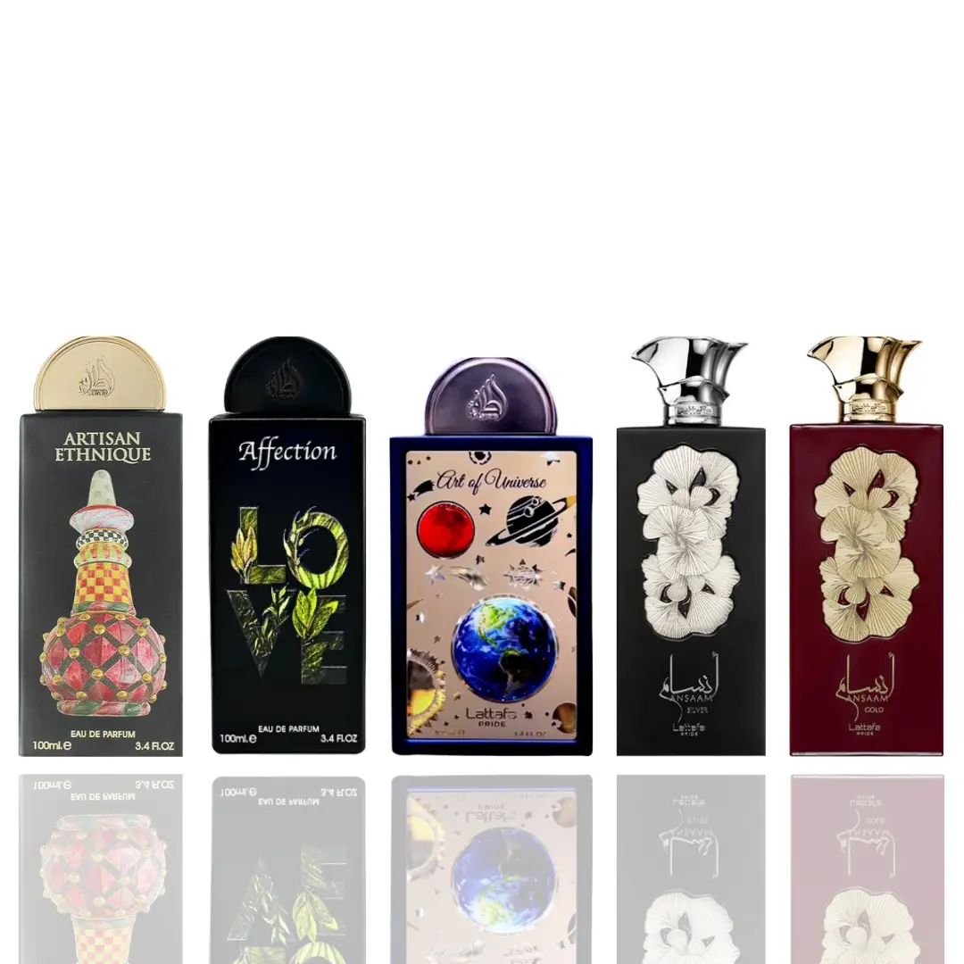 Lattafa Unisex 5-Piece Fragrance Bundle Set - Artisan Designs, Ethnic, Art of Universe, Multi-Scent Unisex Fragrance, Luxurious Scent, Heart-Focused, Ansaam Silver, Ansaam Gold