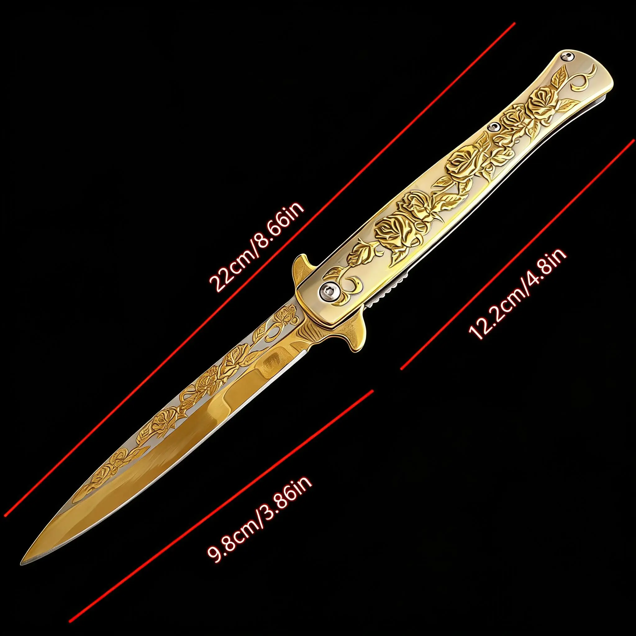 Multi-Use Folding Pocket Knife with Golden Rose Carving, All-Metal EDC Adults' Tool with Button Lock, Durable D2 Steel Blade for Camping, Bushcrafting, Whittling & Peeling, Multi Use Knives, All Metal Tool, Durable Steel Tool