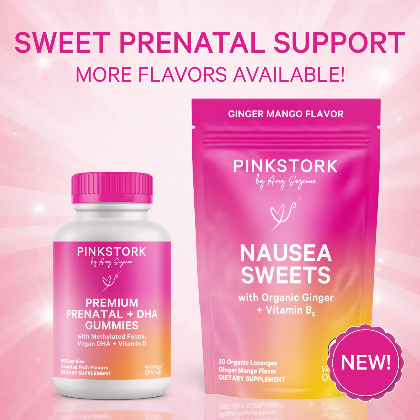 Pink Stork Sweet Prenatal Duo + Nausea Support | Prenatal Vitamin Gummies | Methylated Folate, B6