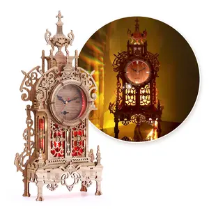 3D Wood Puzzle 16-Color LED Tower Clock, 3D Puzzle Building Desktop Clock Model DIY Architectural Building Blocks (LED-TC01 Wood)
