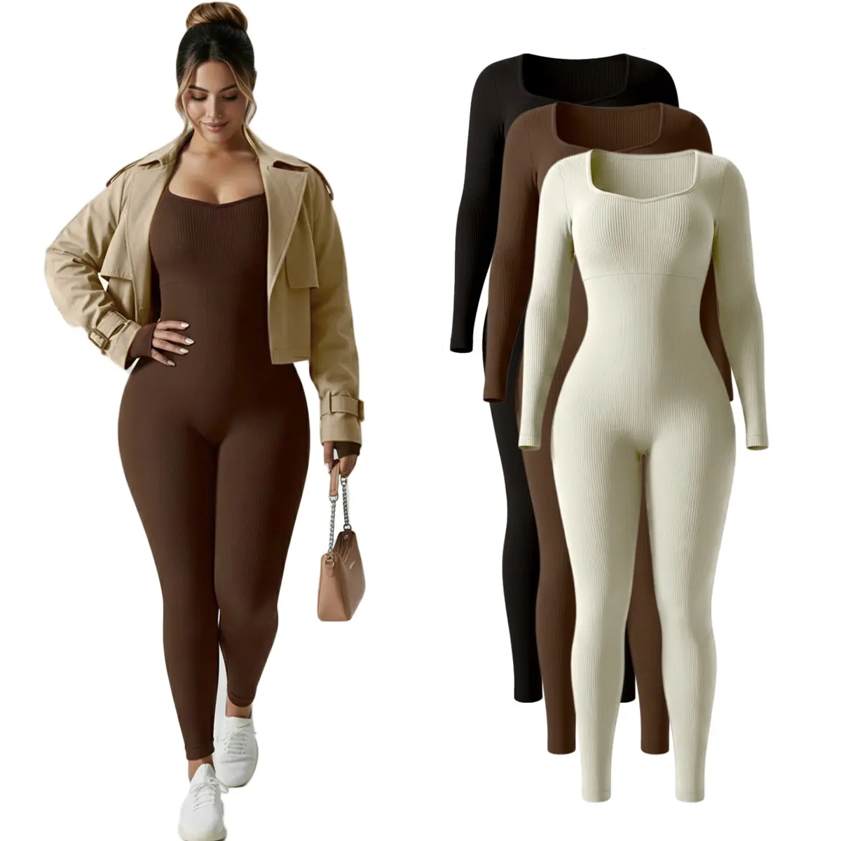 Flattering Ribbed One-Piece Jumpsuit High Waisted Long Sleeved Abdominal Control Casual Fitness Bodysuit for Women Stretchable Activewear Sports Outfits