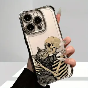 Cat Skeleton Design Advanced Protection Electroplated Phone Case with 4-Corner Drop Protection for iPhone 17 16 15 14 13 12 11 PRO MAX PLUS AIR and XR XS MAX Series