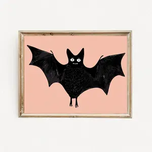 Happy Bat Art Print - Whimsical Black Bat Illustration on Pink Background Poster - Fun and Playful Halloween Wall Decor - Unique Gift for Bat Lovers and Halloween Enthusiasts - Room Decoration - Matte Photo