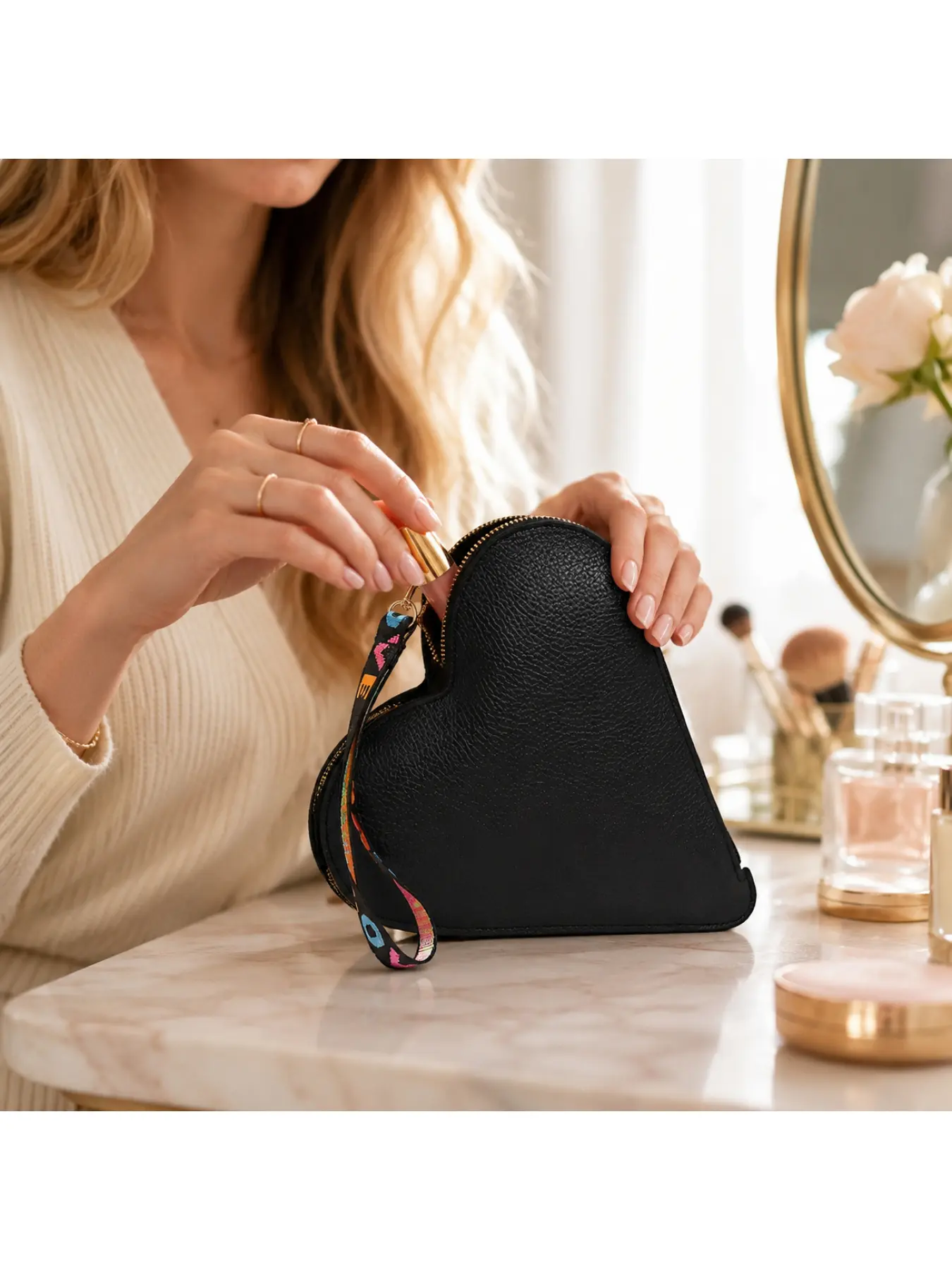 Fashion Black Heart Cosmetics Bag, Portable PU Leather Zipper Pouch with Colorful Strap, Small Shoulder Style Purse for Vanity, Bathroom, Dorm, Vacation, Shopping and Daily Beauty Storage, Sweet Gift for Mom Wife Girlfriend